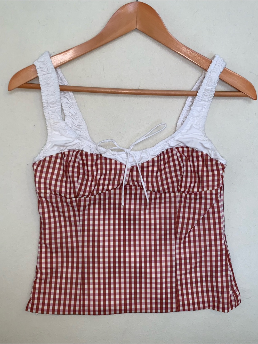 ZARA Gingham Corset Milk Maid Tank Top Rust White Ruched Tie Women’s Sz M, Y2K